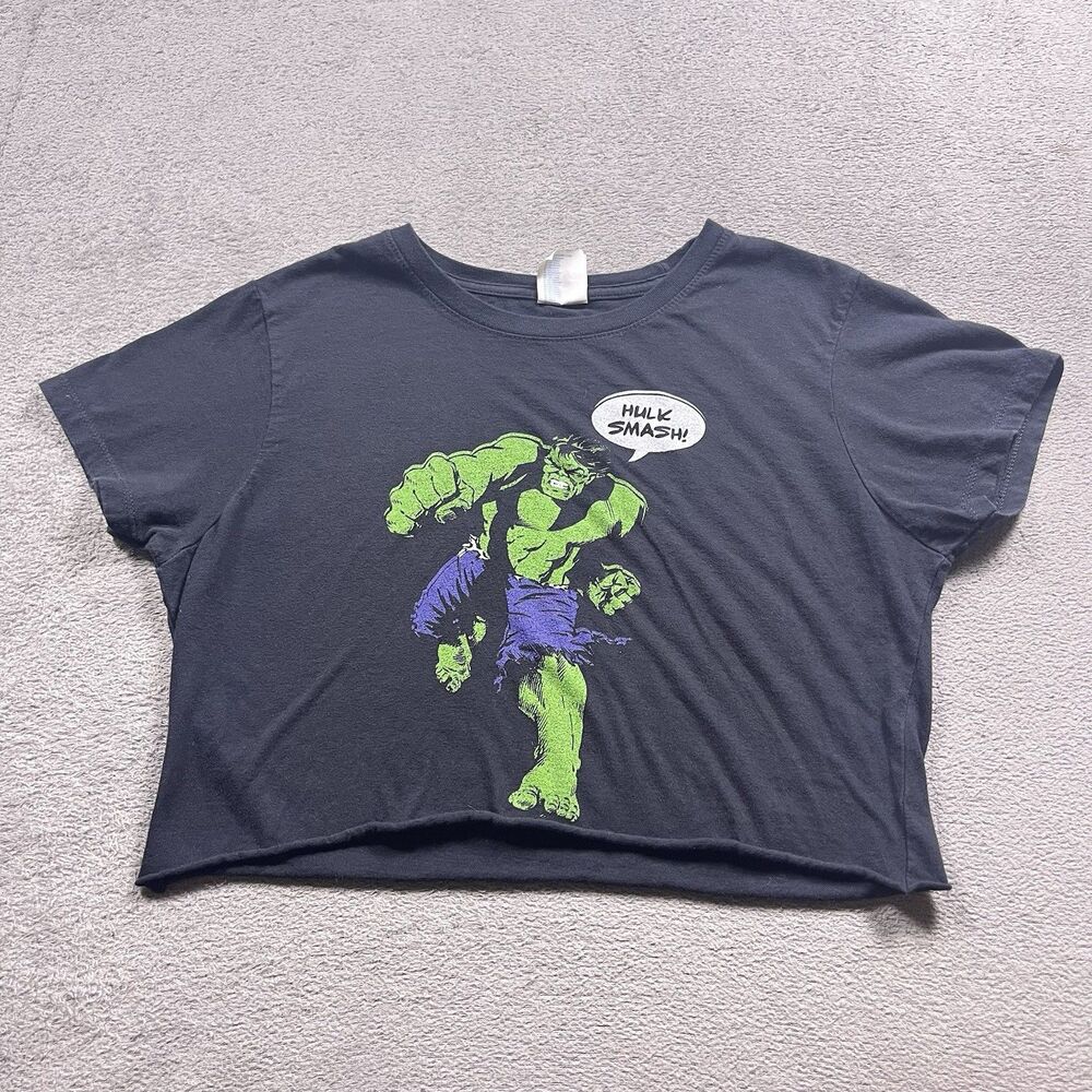 Marvel The Incredible Hulk Crop Top T-Shirt Ladies Size S Black Raw Hem Graphic